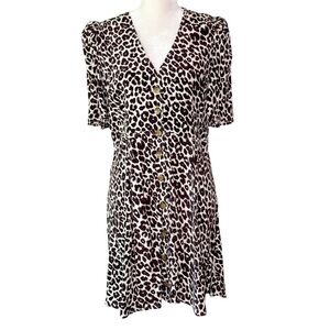 Something Navy Button Front Mini Dress Brown Ganache Animal Print Size Large NWT